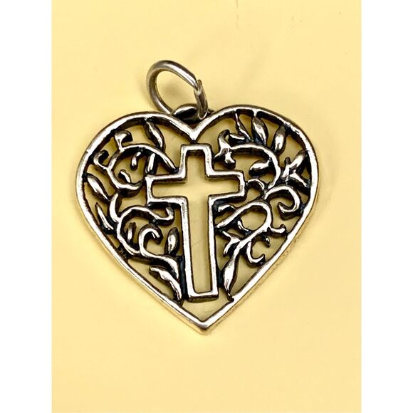 Ornate Heart with Cutout Cross Sterling Silver Jewelry Charm #faith - Picture 1 of 3